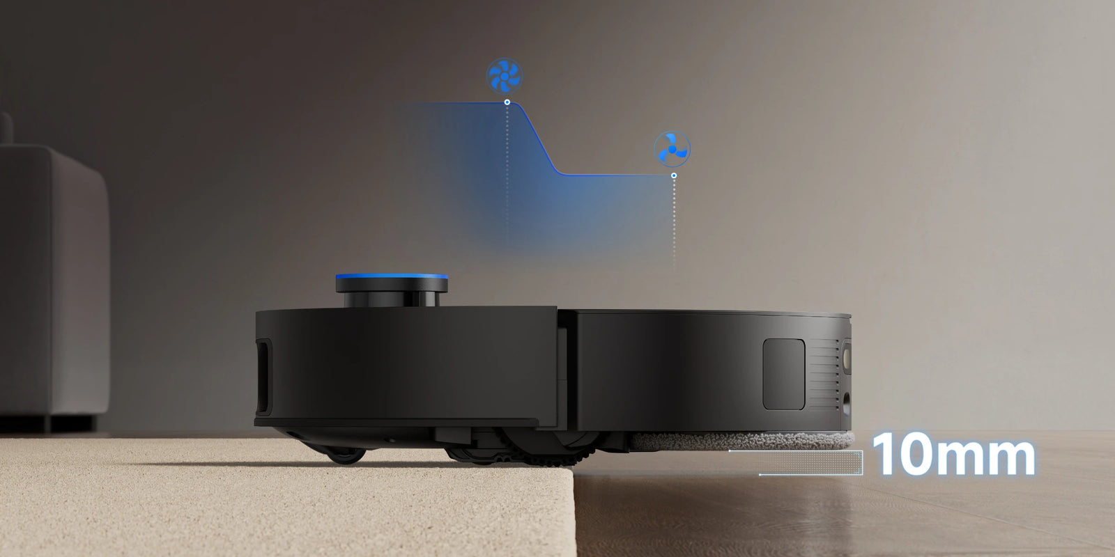 Robot aspirador con mopa levadiza para proteger las alfombras de la humedad