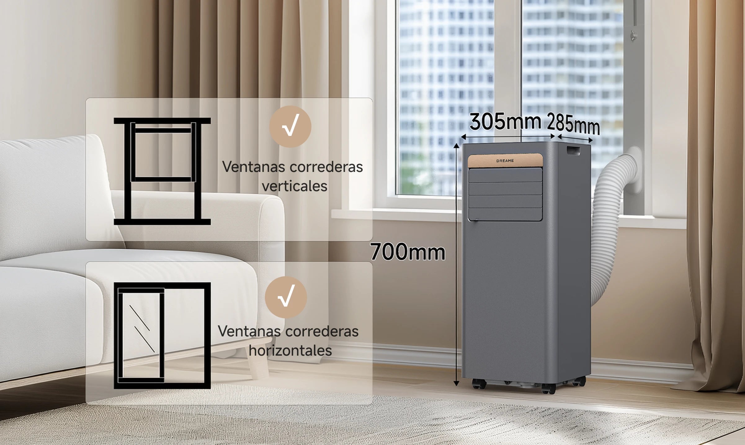 Dreame Aire acondicionado portatil P-Wind10 9000 BTU con medidas 305×285×700 mm es compatible con ventanas correderas de entre 650 y 1250 mm de altura