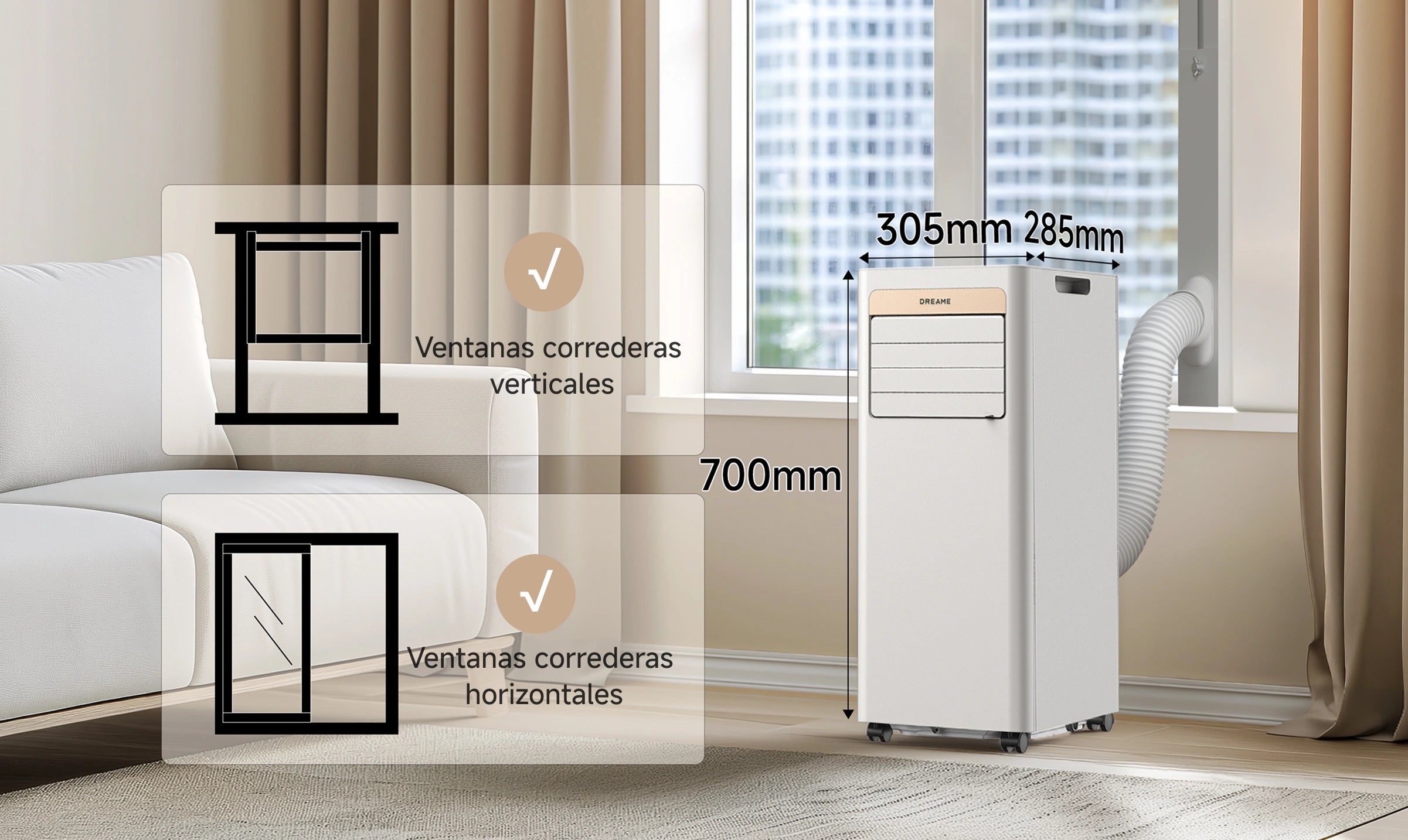 Dreame Aire acondicionado portatil P-Wind10 9000 BTU con medidas 305×285×700 mm es compatible con ventanas correderas de entre 650 y 1250 mm de altura