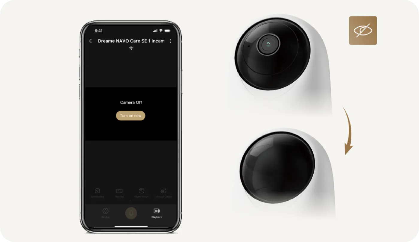 Pantalla de la APP Dreame con botón Cámara apagada para activar el modo de privacidad física de la Dreame NAVO Care SE 1 InCam