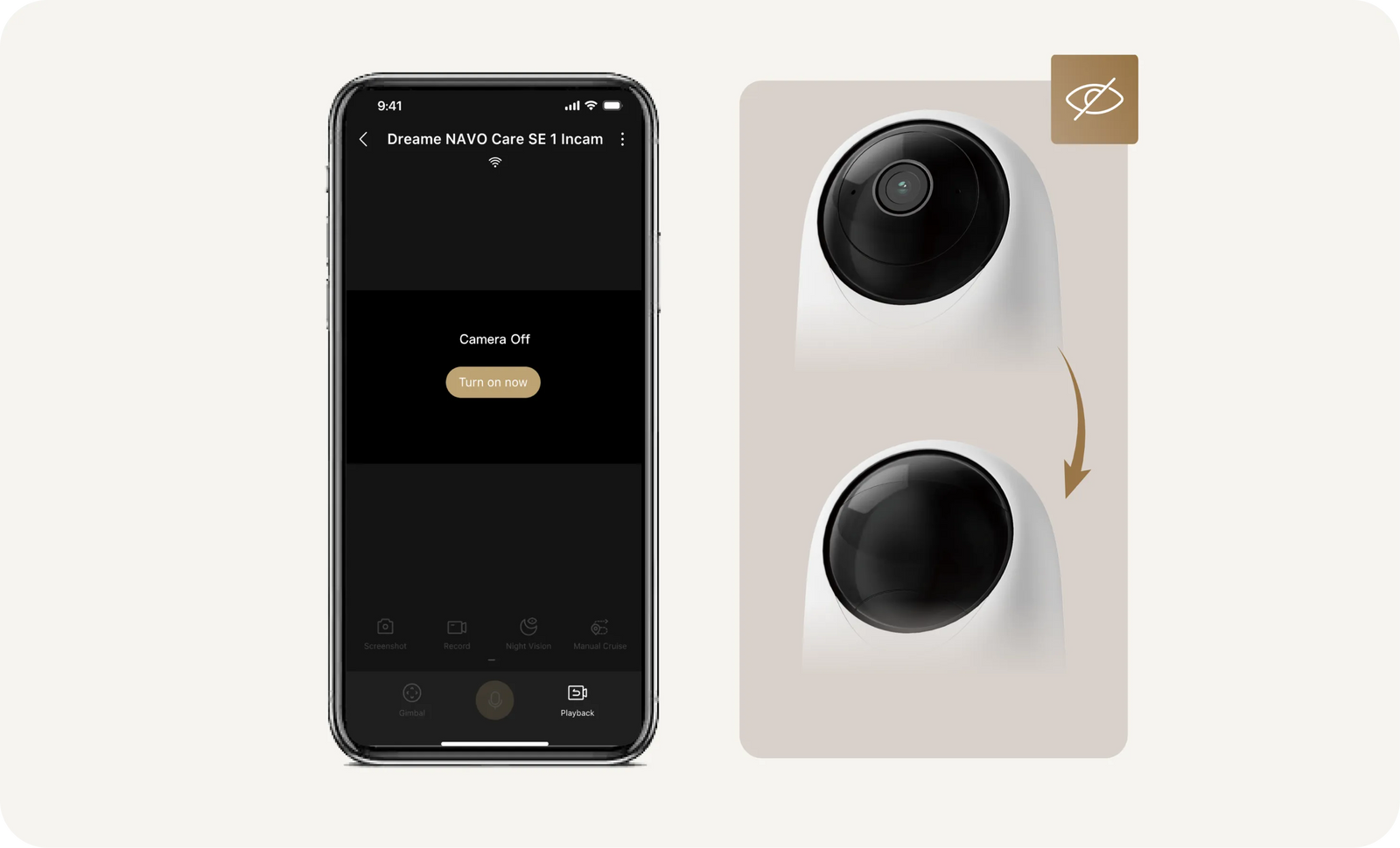 Pantalla de la APP Dreame con botón Cámara apagada para activar el modo de privacidad física de la Dreame NAVO Care SE 1 InCam