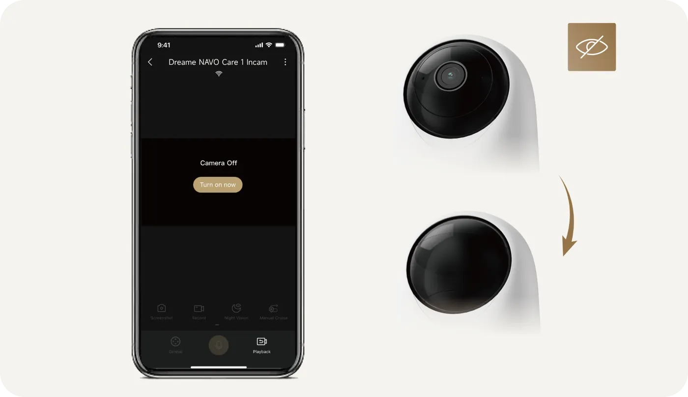 Dreame-App en smartphone con pantalla de control del modo de privacidad física de la Dreame NAVO Care 1 InCam