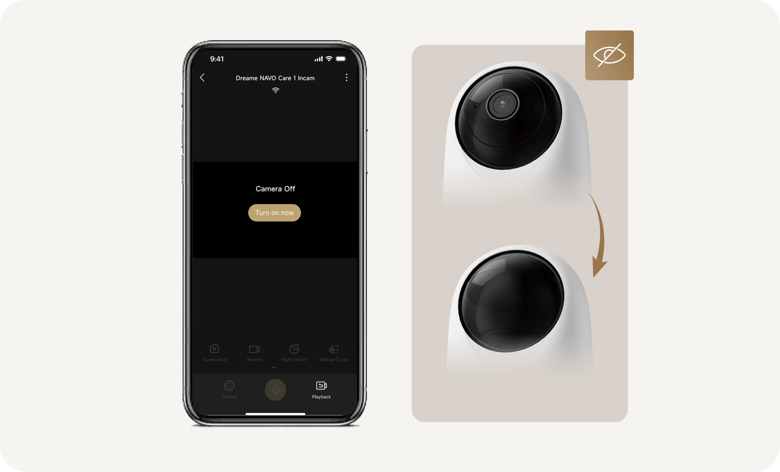 Dreame-App en smartphone con interruptor del modo de privacidad activado para la Dreame NAVO Care 1 InCam
