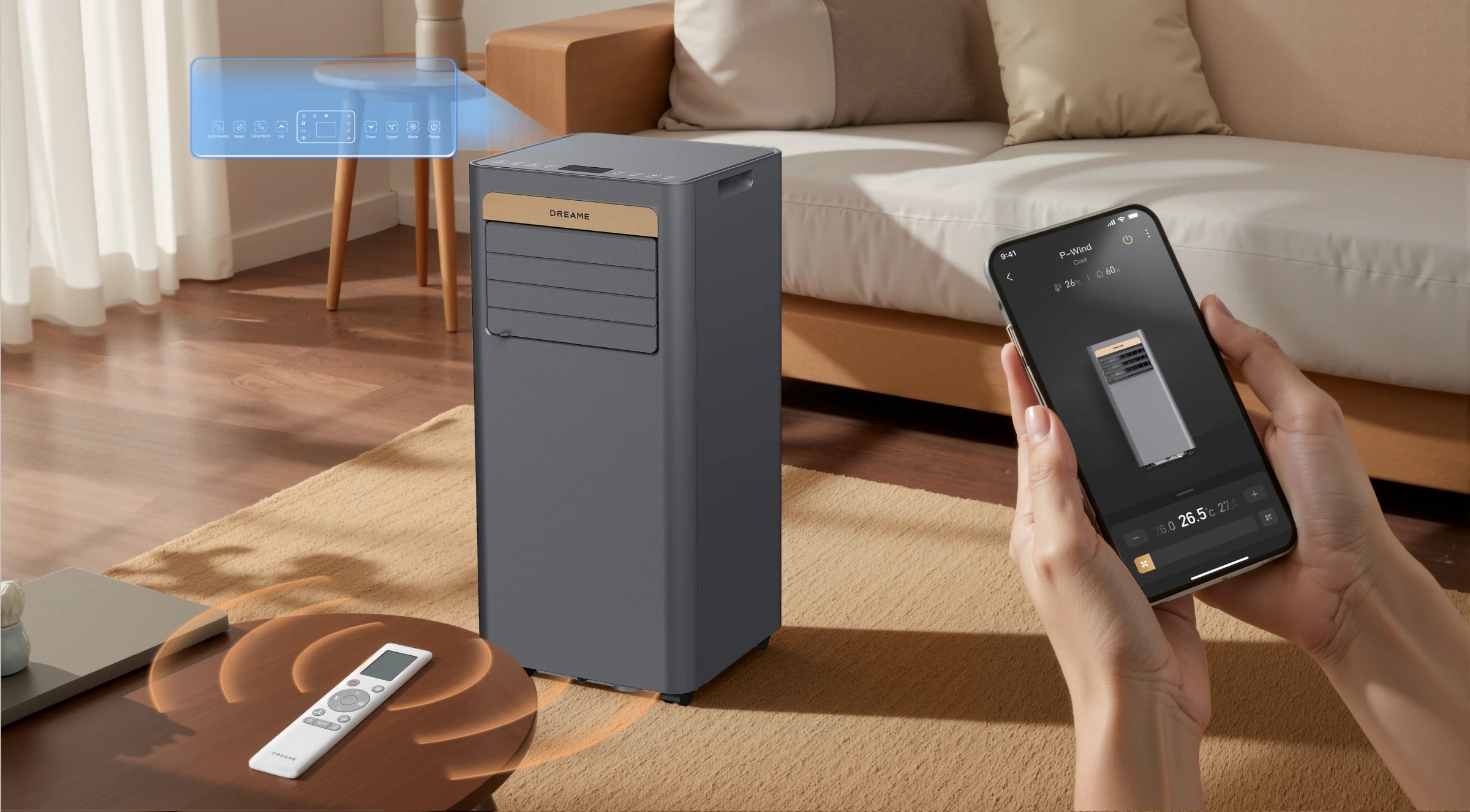 Control del Dreame Aire acondicionado portátil P-Wind10 9000 BTU mediante la aplicación Dreame, el mando a distancia y la pantalla para un confort personalizado todo el día
