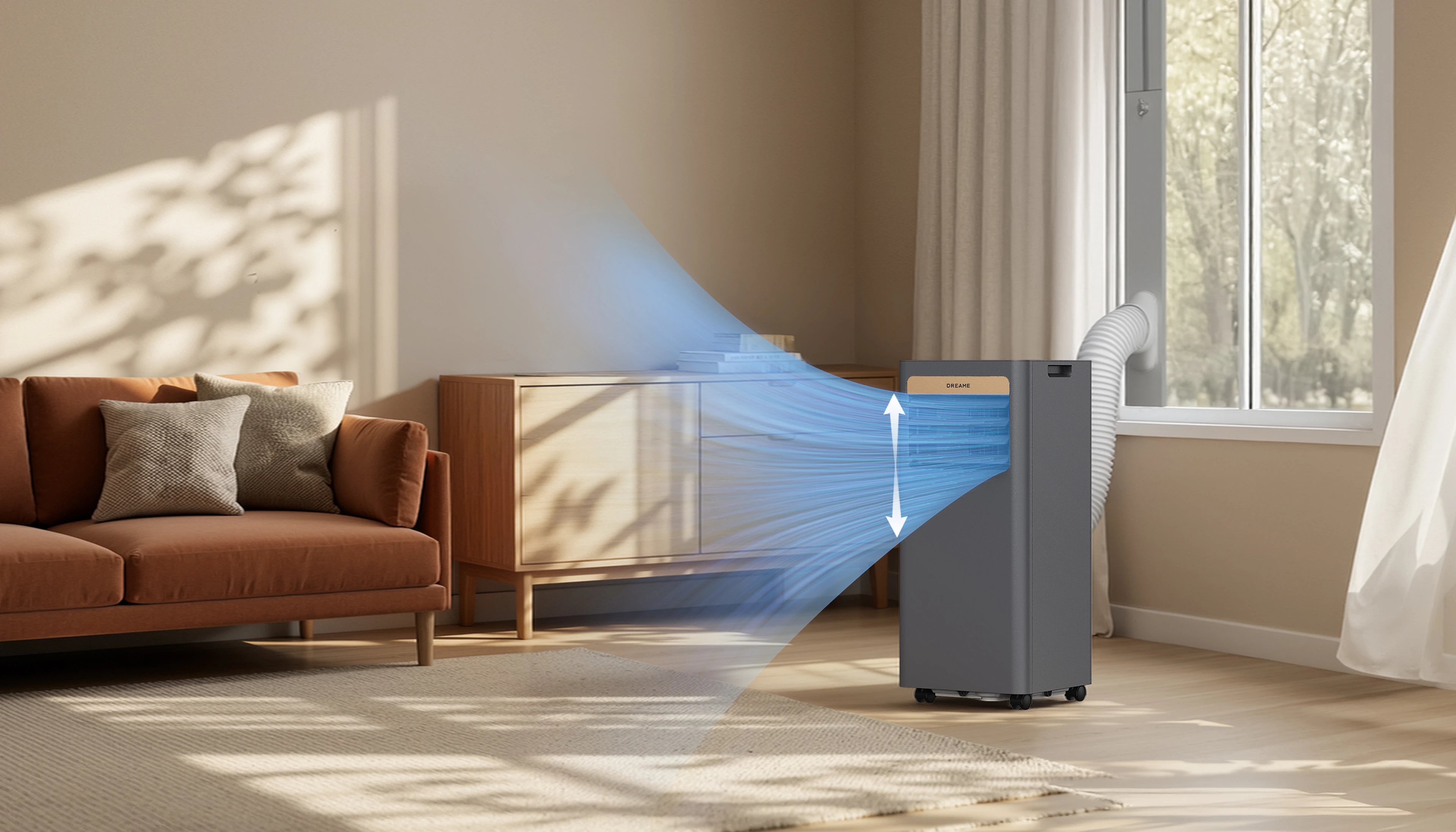 Dreame Aire acondicionado portatil P-Wind10 9000 BTU con dirección de flujo de aire vertical ajustable para mayor comodidad personalizada en el salón