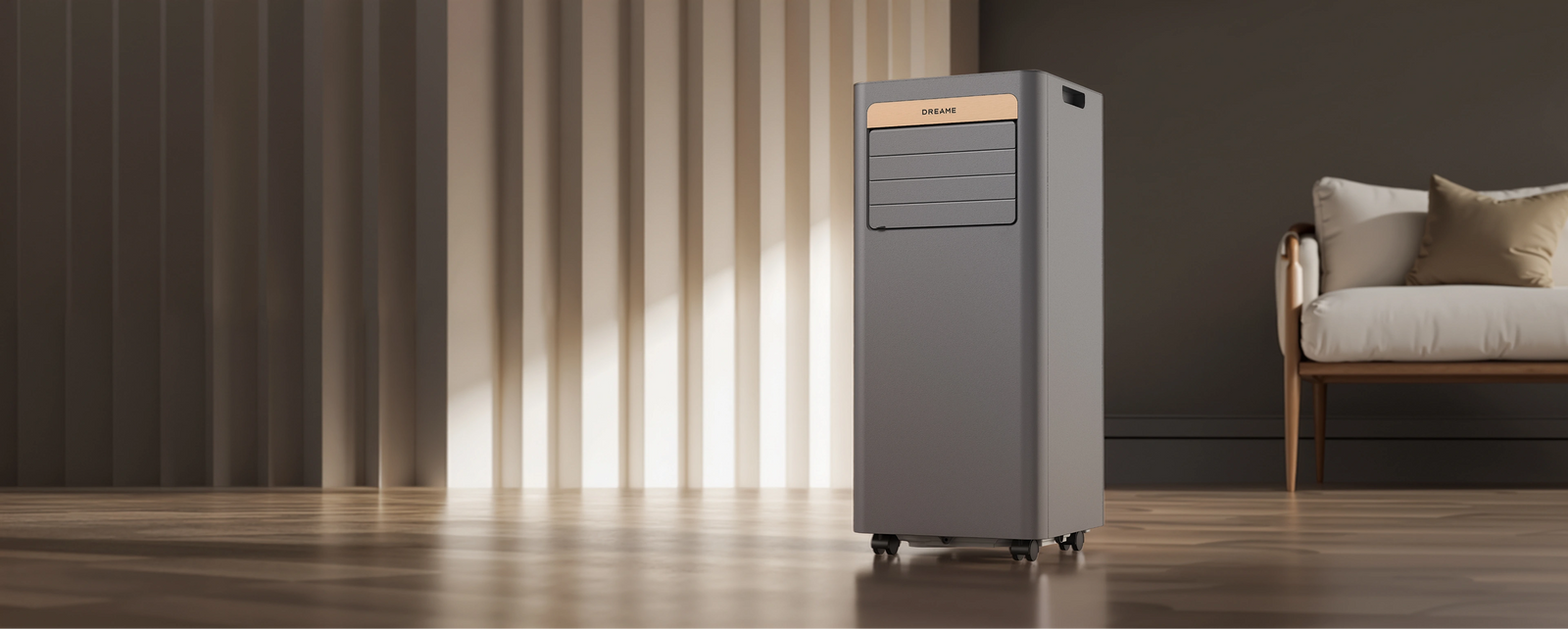 Dreame Aire acondicionado portátil P-Wind10 9000 BTU en un acogedor salón moderno – refrigeración móvil en cualquier lugar