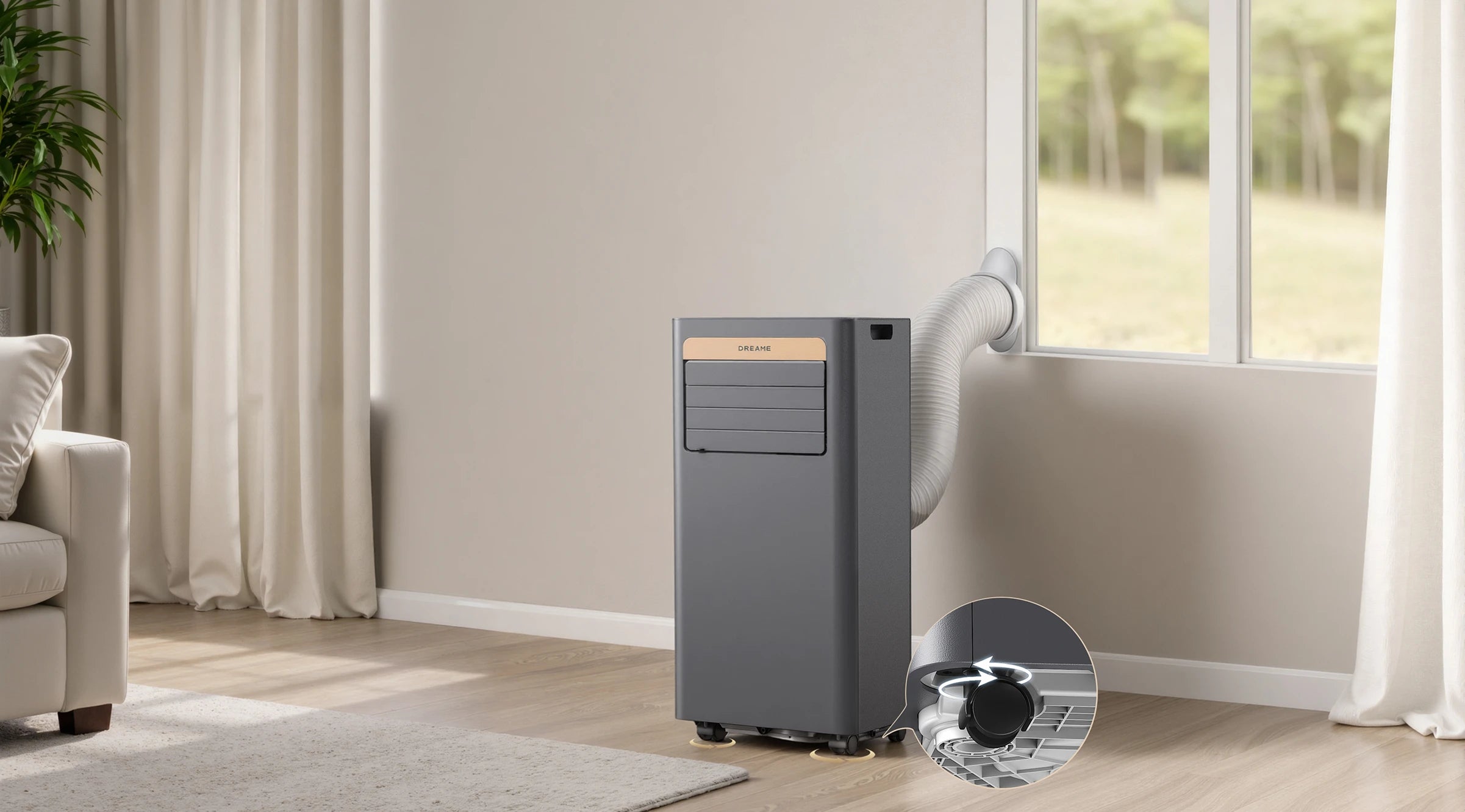 Dreame Aire acondicionado portatil P-Wind10 9000 BTU está listo en minutos gracias a sus 4 ruedas giratorias y la instalación en 3 pasos