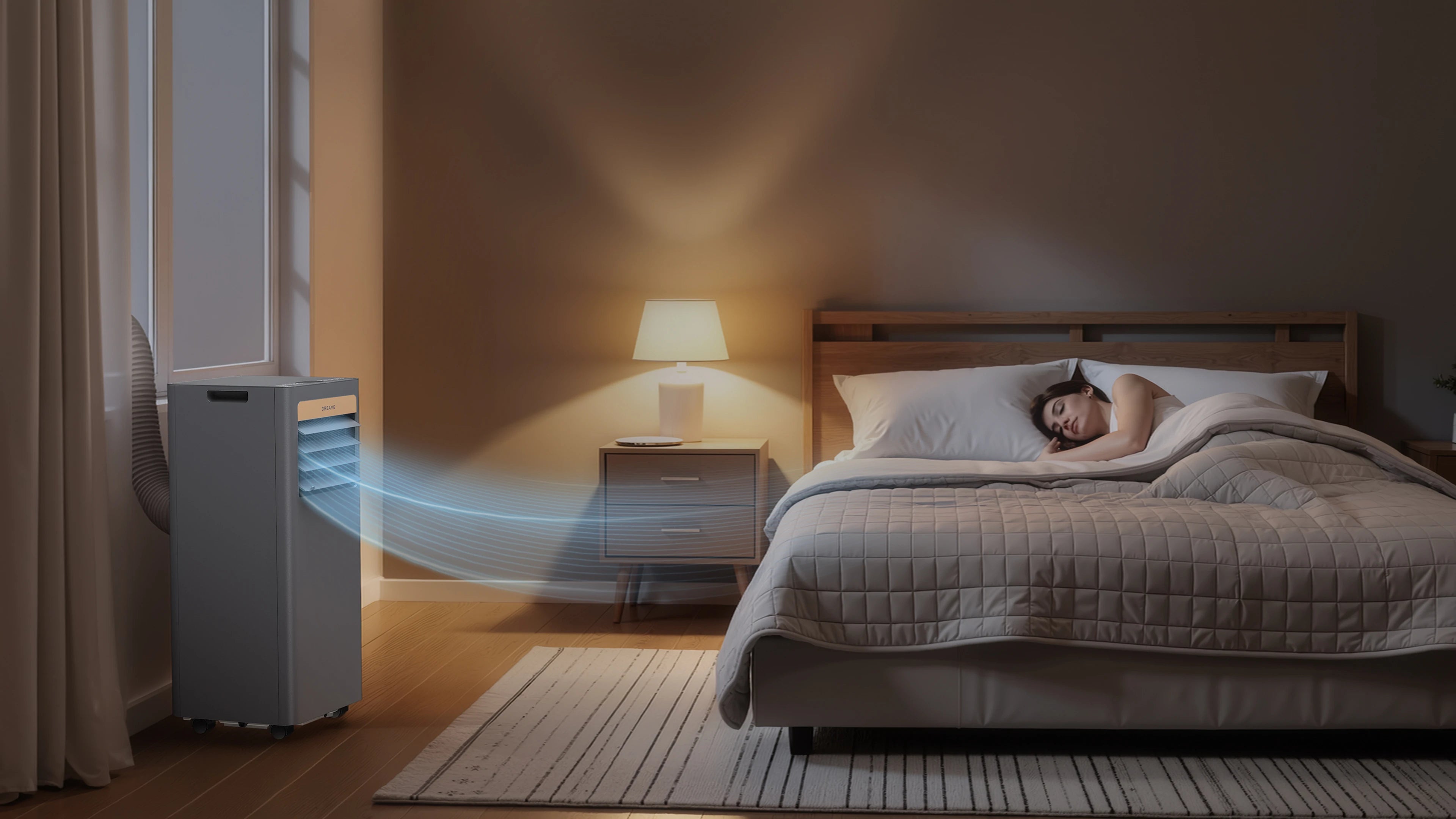 Dreame Aire acondicionado portatil P-Wind10 9000 BTU en modo nocturno ofrece un flujo de aire suave y silencioso durante toda la noche
