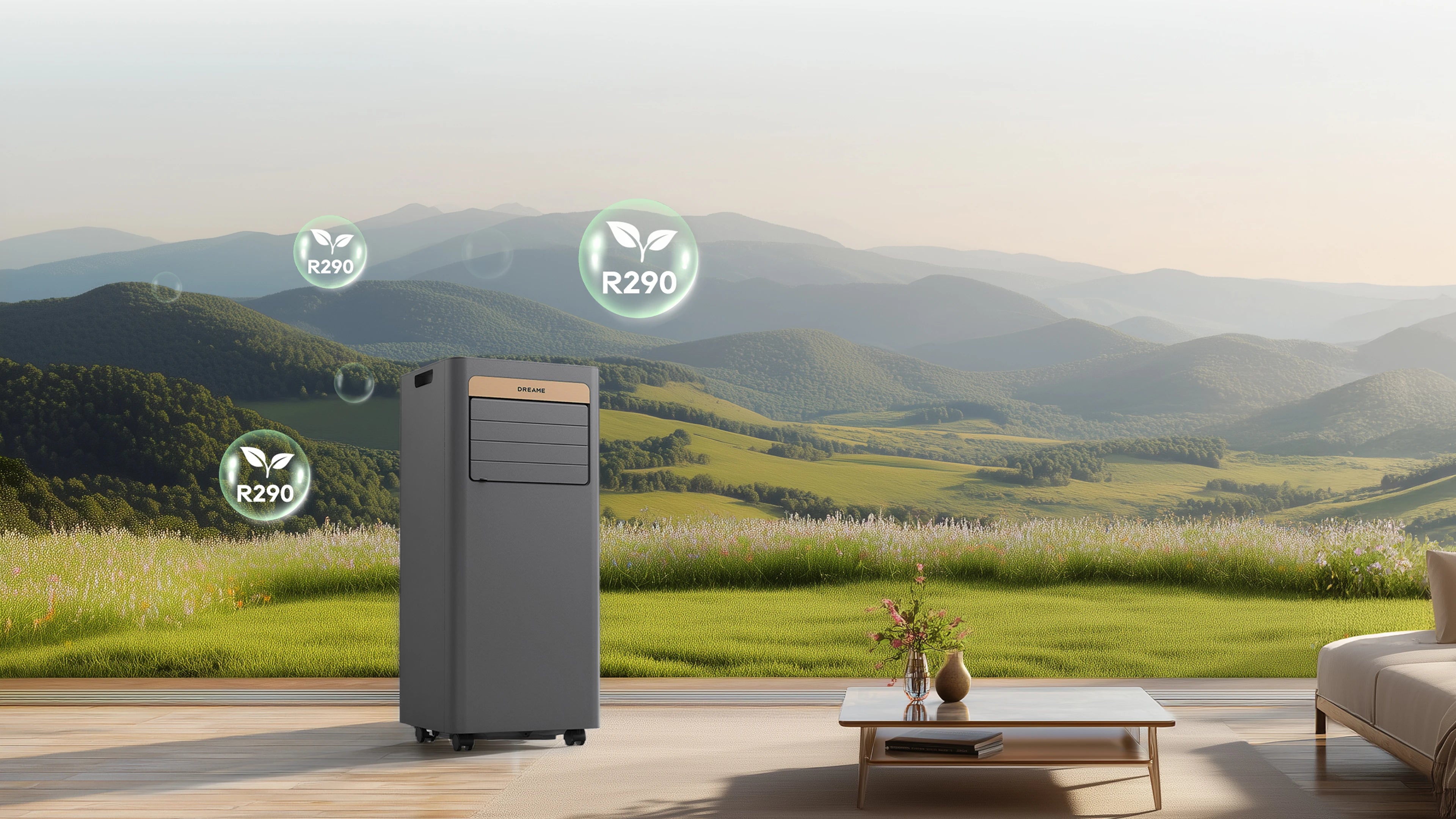 Dreame Aire acondicionado portatil P-Wind10 9000 BTU utiliza el refrigerante ecológico R290 para un funcionamiento energéticamente eficiente