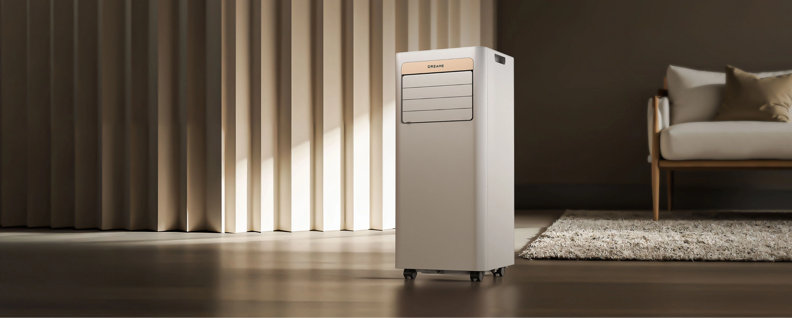 Dreame Aire acondicionado portátil P-Wind10 9000 BTU en un acogedor salón moderno – refrigeración móvil en cualquier lugar