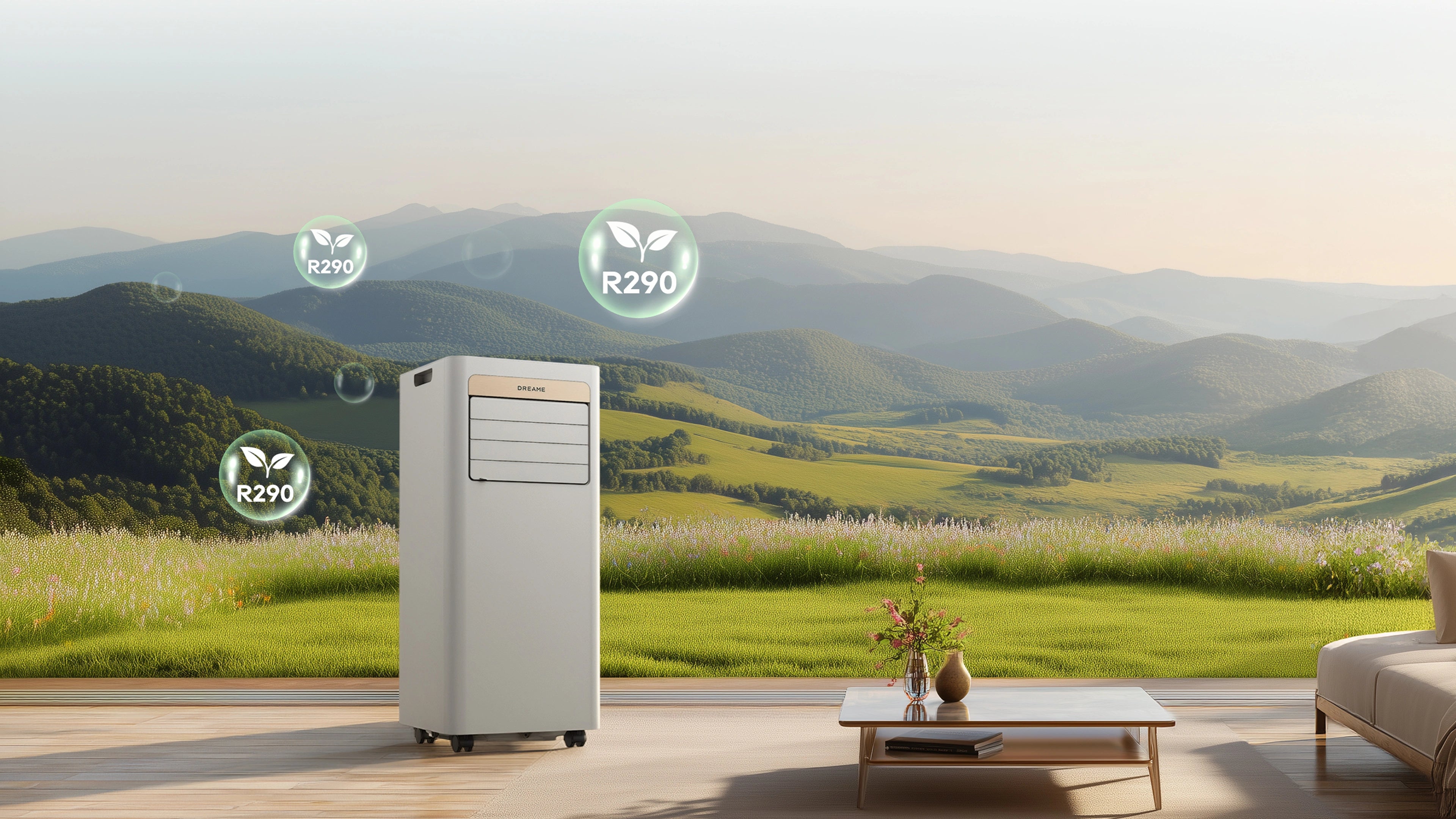 Dreame Aire acondicionado portatil P-Wind10 9000 BTU utiliza el refrigerante ecológico R290 para un funcionamiento energéticamente eficiente
