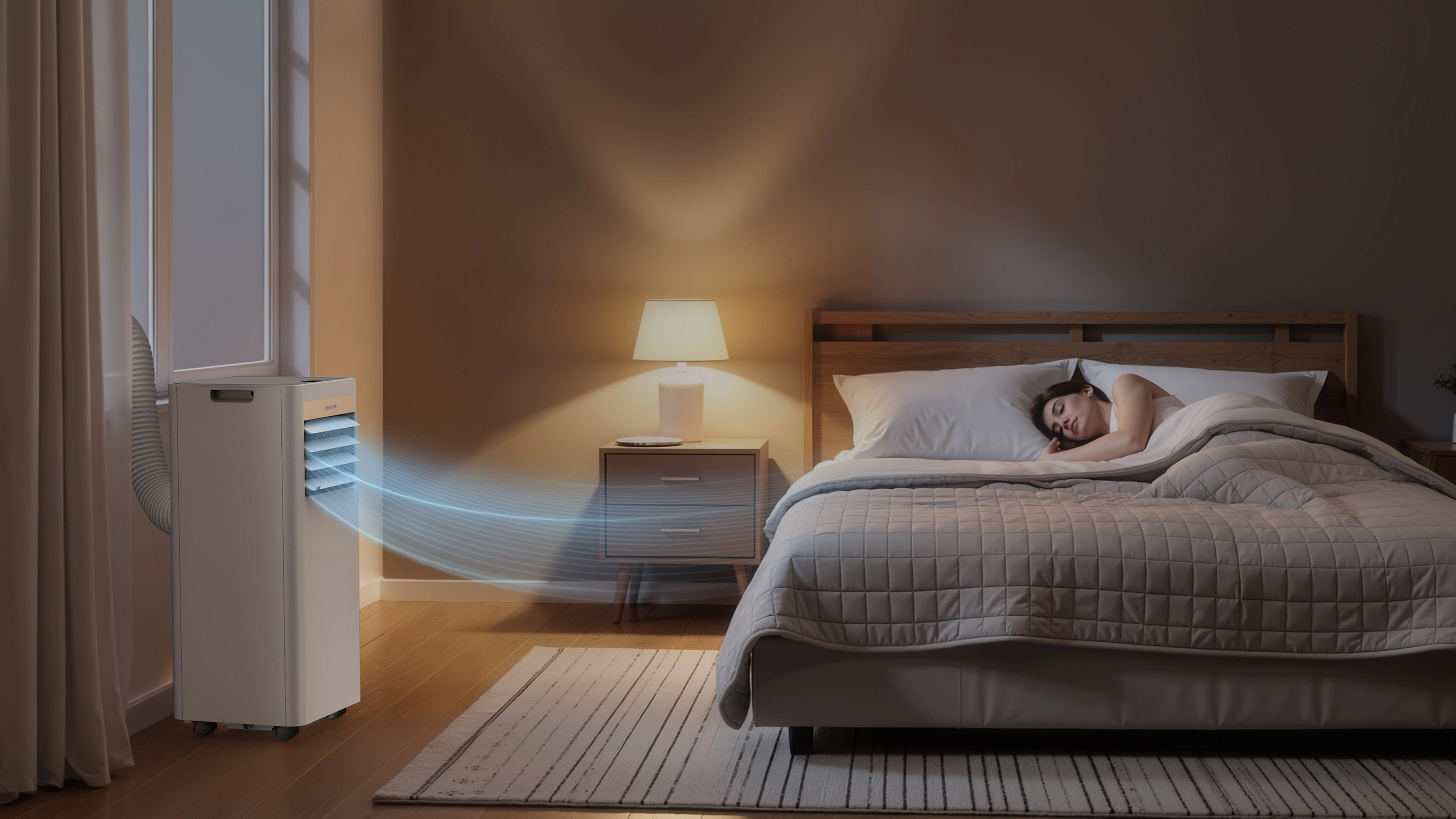 Dreame Aire acondicionado portatil P-Wind10 9000 BTU en modo nocturno ofrece un flujo de aire suave y silencioso durante toda la noche